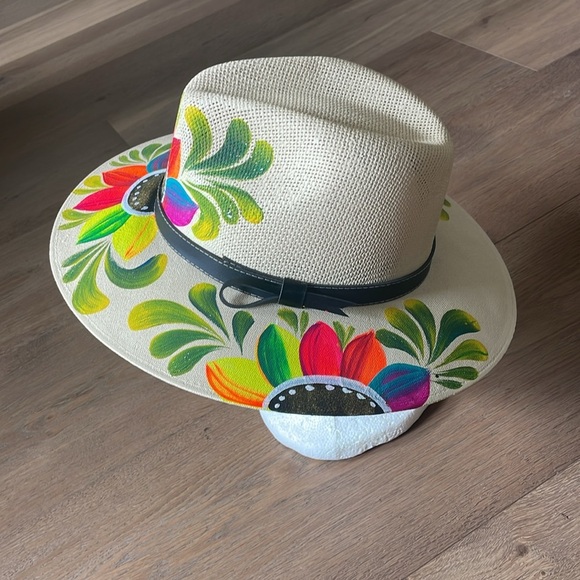 Artisanal Mexican Sombreros Hand Painted Fedora Floral Sombrero Panama Bohemian - Picture 2 of 8